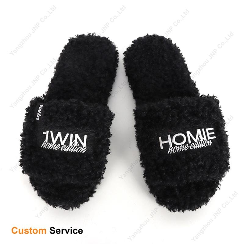 Custom Men’s Designer Embroidered Plush Memory Foam Fuzzy House Platform Slides Casual Faux Shearling Slippers for Men