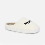 Personalized white fuzzy home slippers—cute eyelash embroidery, custom-fit for everyday indoor coziness.