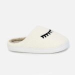 white fuzzy home slippers—eyelash embroidery detail, personalized fit, perfect for cozy lounging.
