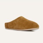 Women's winter cow suede shearling lined closed-toe mule slippers, warm indoor/outdoor house slippers