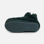 Custom-made dark green plush indoor boots,soft fleece fabric, and personalized fit for cozy home use.