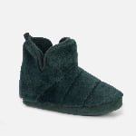 Cozy plush indoor ankle booties, deep green color, soft plush upper, perfect for staying warm indoors.