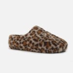 Custom leopard print fuzzy mules—plush fabric, custom-fit for cozy, trendy loungewear style.