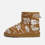 custom graffiti winter shearling boots, brown suede with white artistic doodles, personalized warm snow boots for women