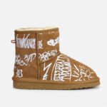 custom graffiti shearling boots, brown with white hand-painted doodles, personalized warm snow boots for fashion.