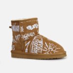 Personalized graffiti shearling snow boots, brown with hand-drawn white art, custom winter warm footwear.