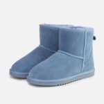 Stylish light blue cow suede boots with shearling lining, women’s casual cold-weather footwear with refined stitching details.