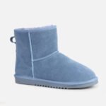 Women’s light blue cow suede ankle boots with shearling lining, warm winter casual footwear with rubber sole.