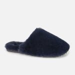 Navy fluffy fur slippers, open-back slide style, ultra-soft plush material, comfortable for all-day home wear.