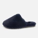 Navy blue fluffy indoor slippers, plush fur material, lightweight non-slip sole, ideal for cold-weather comfort.