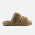 A personalized two-strap slipper in warm light beige, constructed with fluffy sheepskin and tailored for individual fit.