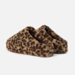 faux fur leopard print, characterized by a warm, fuzzy texture and rounded toe design.