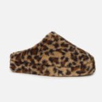 Cozy house slippers with a brown and black leopard print, made of fluffy plush material for comfort.