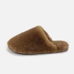 Genuine brown sheepskin slide slippers, plush sheepskin material, durable non-slip sole, a stylish choice for home footwear