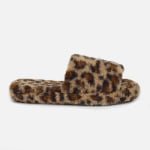 A customizable leopard-pattern slide slipper, constructed with cozy faux shearling fur and optional custom logo accents.