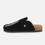 Unisex custom black cow suede mules—skeleton hand embroidery, adjustable buckle, tailored to your feet for bold style.