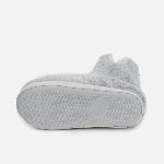 Custom-made gray plush boot slippers: soft fuzzy fabric, tailored sizing for warm lounging.