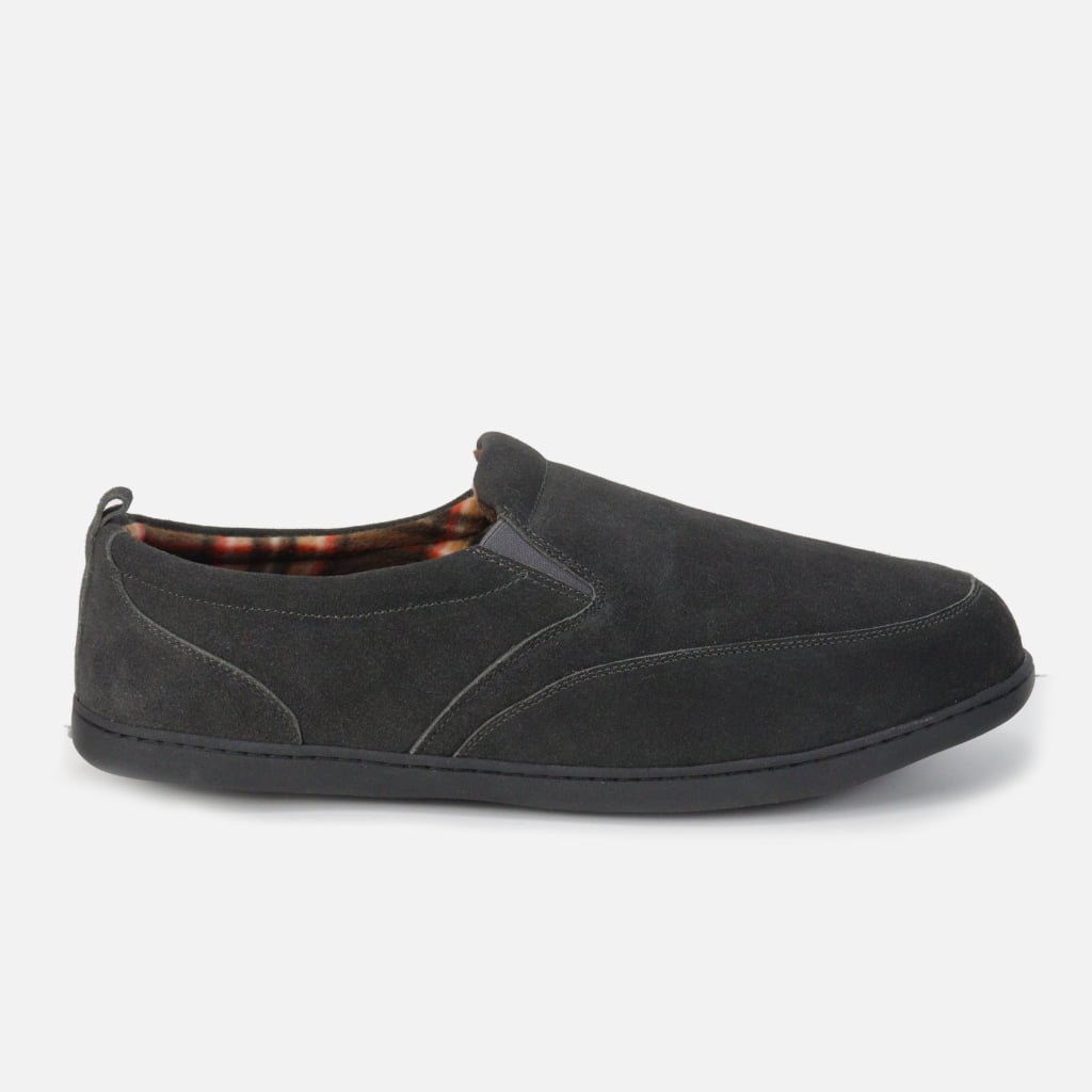 Tailored black suede slip-on slippers with plaid lining—custom-fit for cozy indoor/outdoor comfort.