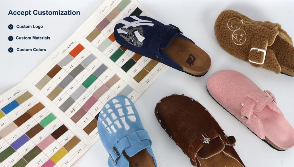 Customizable Birken-style clogs with options for custom logo, materials, and colors. The image displays various custom designs including suede, fur, and embroidered styles, alongside a color swatch chart to demonstrate material and color customization capabilities for footwear manufacturing.