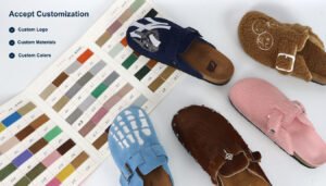 Customizable Birken-style clogs with options for custom logo, materials, and colors. The image displays various custom designs including suede, fur, and embroidered styles, alongside a color swatch chart to demonstrate material and color customization capabilities for footwear manufacturing.