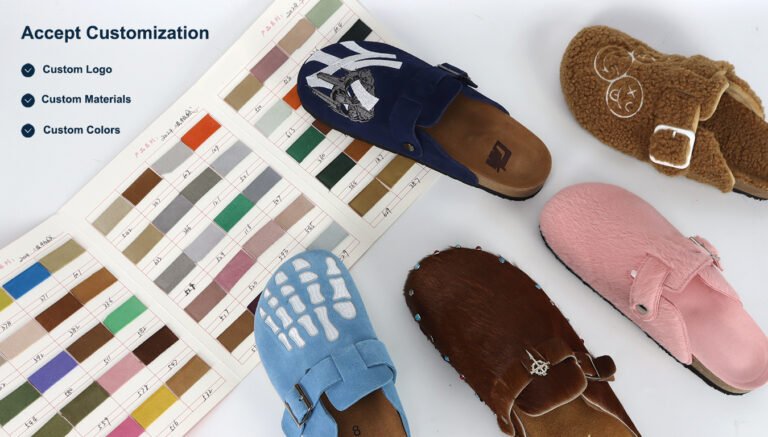 Customizable Birken-style clogs with options for custom logo, materials, and colors. The image displays various custom designs including suede, fur, and embroidered styles, alongside a color swatch chart to demonstrate material and color customization capabilities for footwear manufacturing.