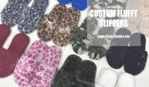 Collection of custom fluffy slippers in leopard, camo, and solid colors, offering logo, size, and color customization.