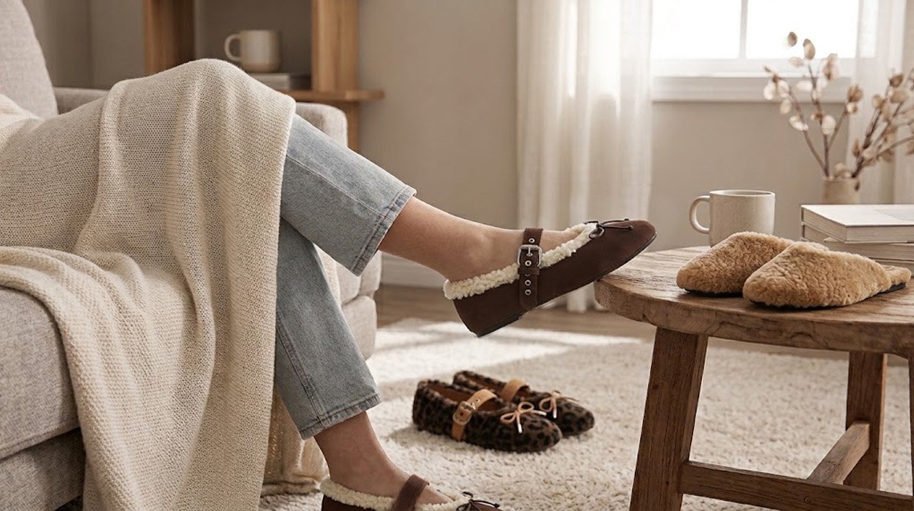 Editorial hero image for a feminine furry footwear collection