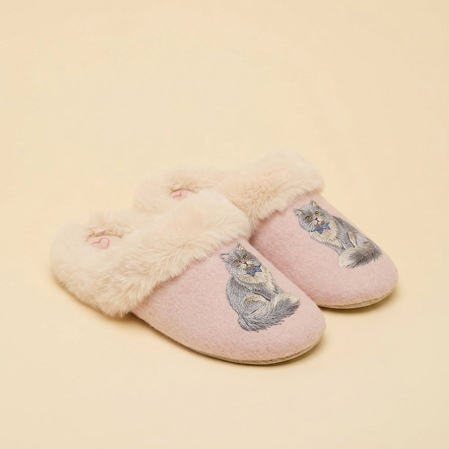 Custom Embroidery Winter Wool Felt Fuzzy Faux Fur House Slippers