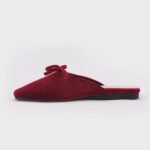 Women Wine Red Velvet Flat Mules Square Toe Bow Knot Backless Loafers Slippers