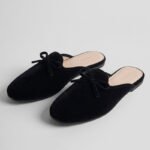 Women Wine Red Velvet Flat Mules Square Toe Bow Knot Backless Loafers Slippers