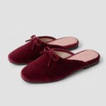 Women Wine Red Velvet Flat Mules Square Toe Bow Knot Backless Loafers Slippers
