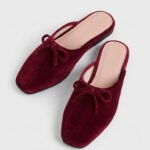 Women Wine Red Velvet Flat Mules Square Toe Bow Knot Backless Loafers Slippers