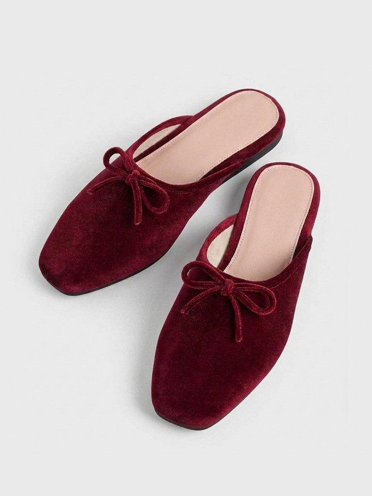 Women Wine Red Velvet Flat Mules Square Toe Bow Knot Backless Loafers Slippers