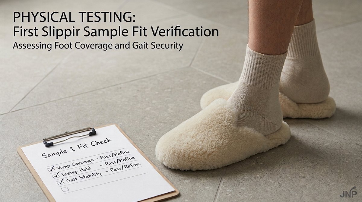 First-physical-slipper-sample-being-worn-to-check-fit-foot-coverage-and-wearability