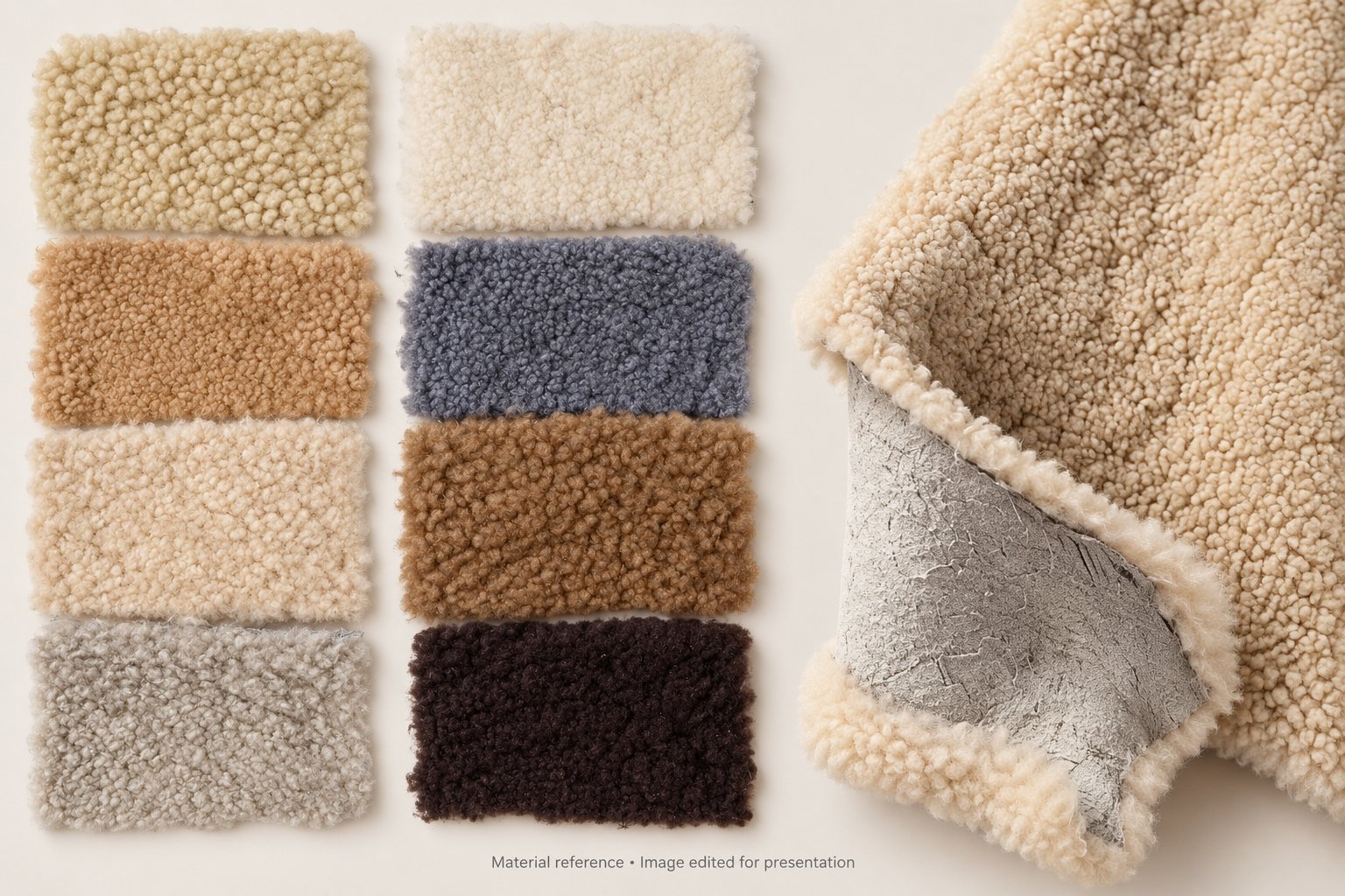 Genuine-wool-swatches-showing-neutral-colours-and-different-surface-textures-for-slipper-development
