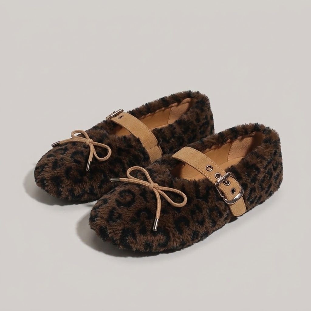 Women’s Winter Fluffy Leopard Print Flats Ballet Slippers