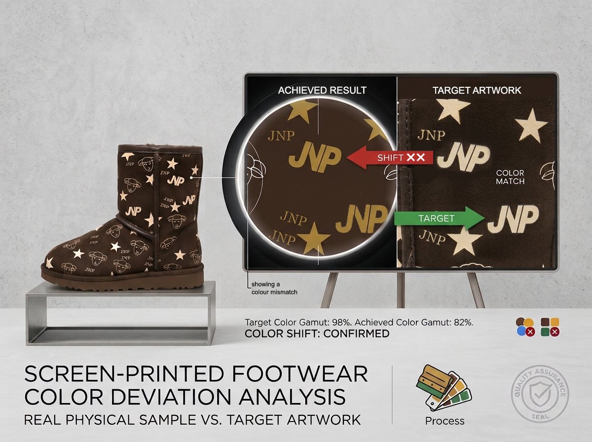 Screen-printed-footwear-sample-beside-its-target-artwork-showing-a-colour-mismatch